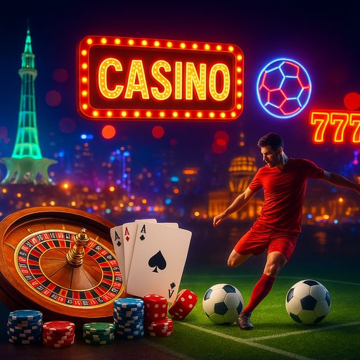 D666 casino hero banner showing vibrant casino lights and sports graphics for players in Pakistan, with Karachi and Lahore in mind. A bold, energetic invitation to join the platform.