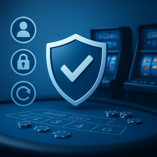 D666 responsible gaming hero image. A calm casino interface with safety icons and a shield, conveying responsible play for players in Pakistan. The mood is reassuring and professional, with a cool blue color palette.