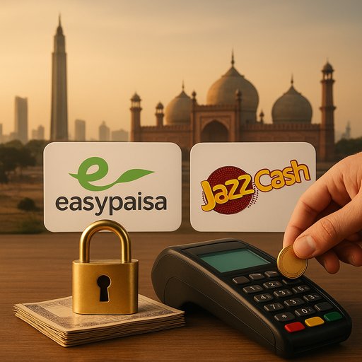 Pakistan payments banner with EasyPaisa and JazzCash icons, featuring Karachi and Lahore silhouettes and secure deposit visuals. The image communicates local payment options for Pakistani players.